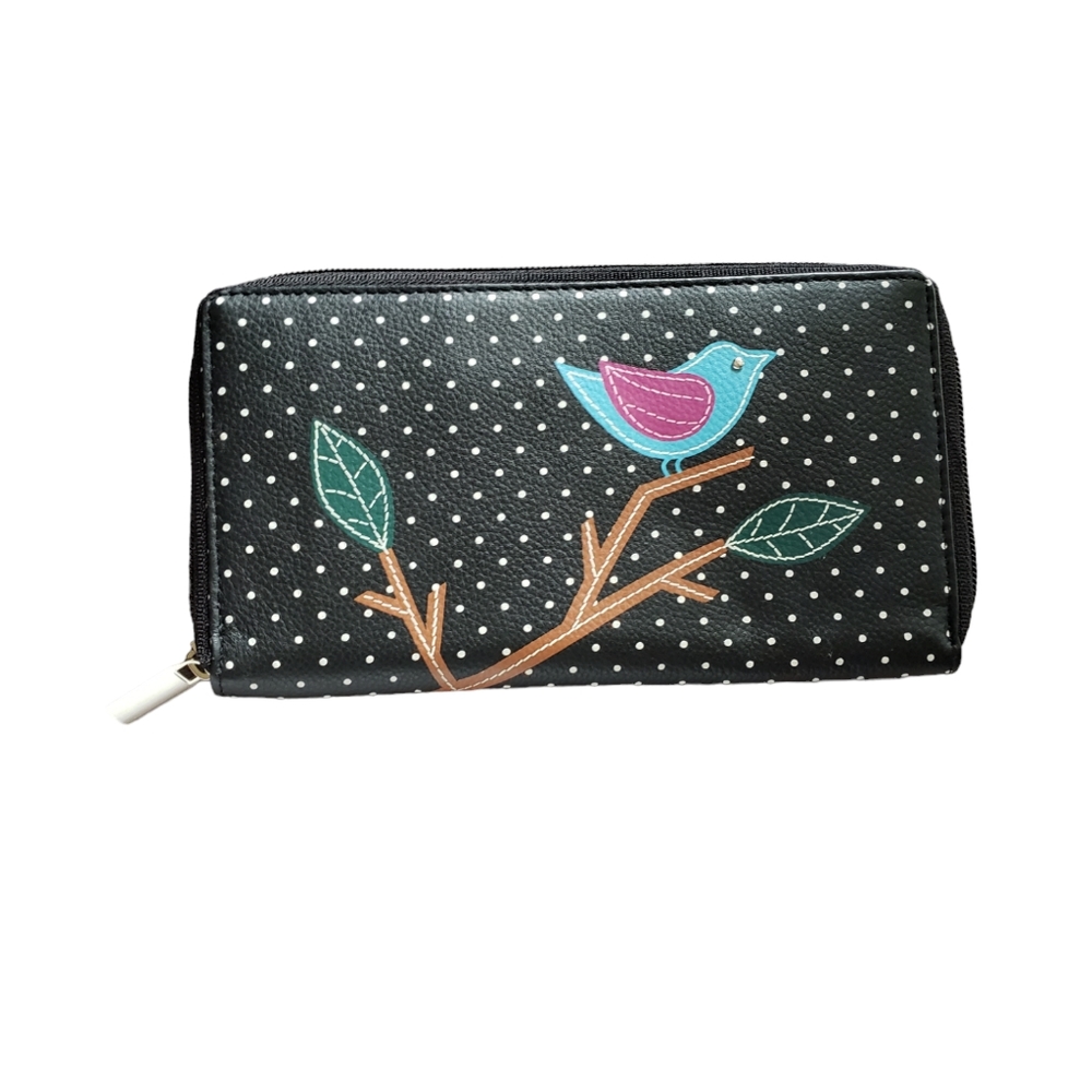 UNION CODE Black Color Bird Sitting on Tree RFID Genuine Leather Applique Wallet